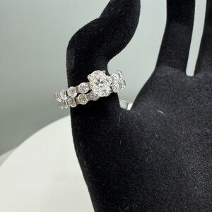 Moissanite Bridal Ring Set 925 Silver 2.00 CTW Pear Center + Eternity Band Size